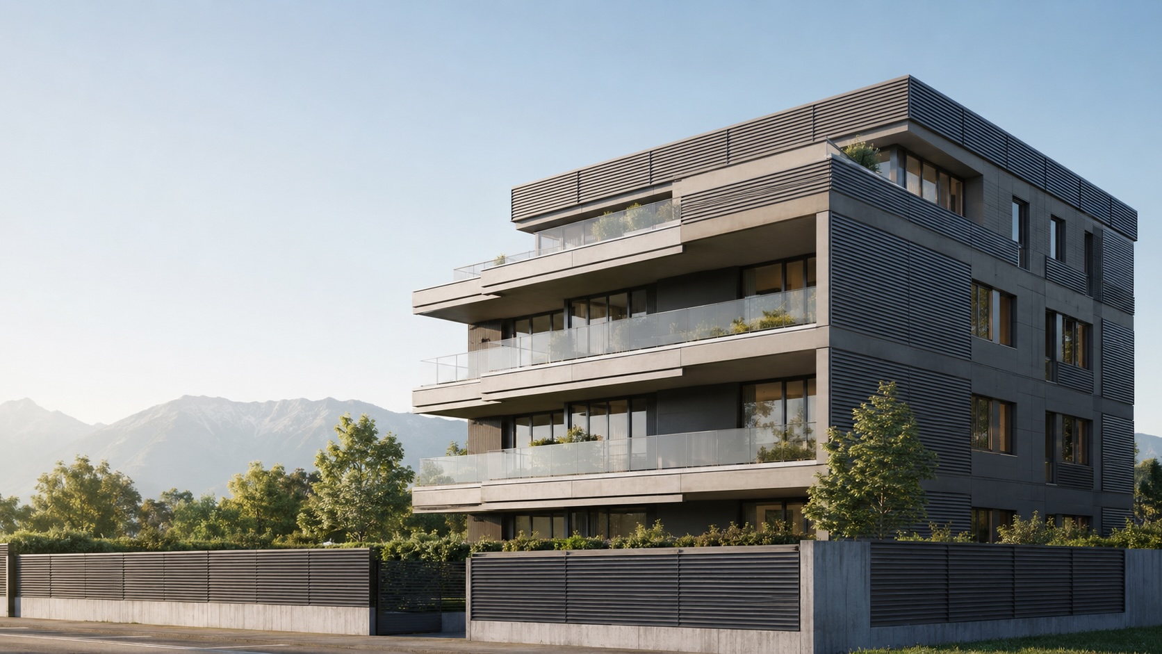 Modernes Gebäude mit thermisch aktivierten Fassaden- und Zaunflächen