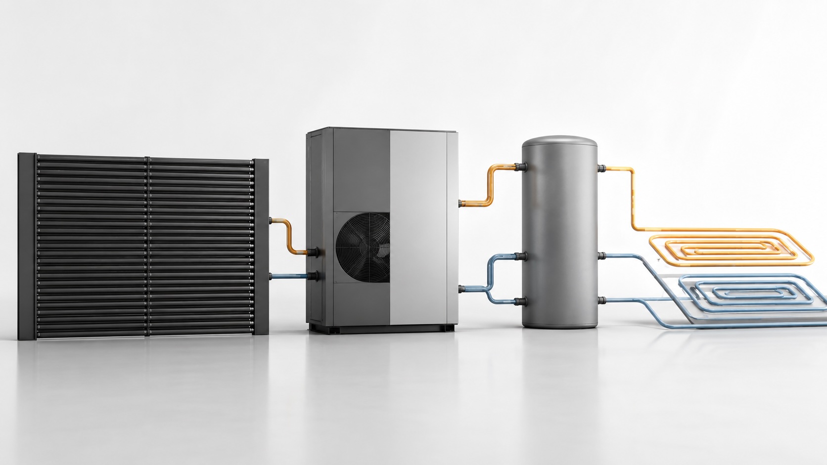 System aus Wärmeabsorber, Wärmepumpe, Pufferspeicher und Heiz- und Kühlkreisen